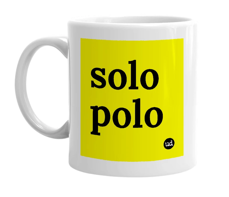White mug with 'solo polo' in bold black letters