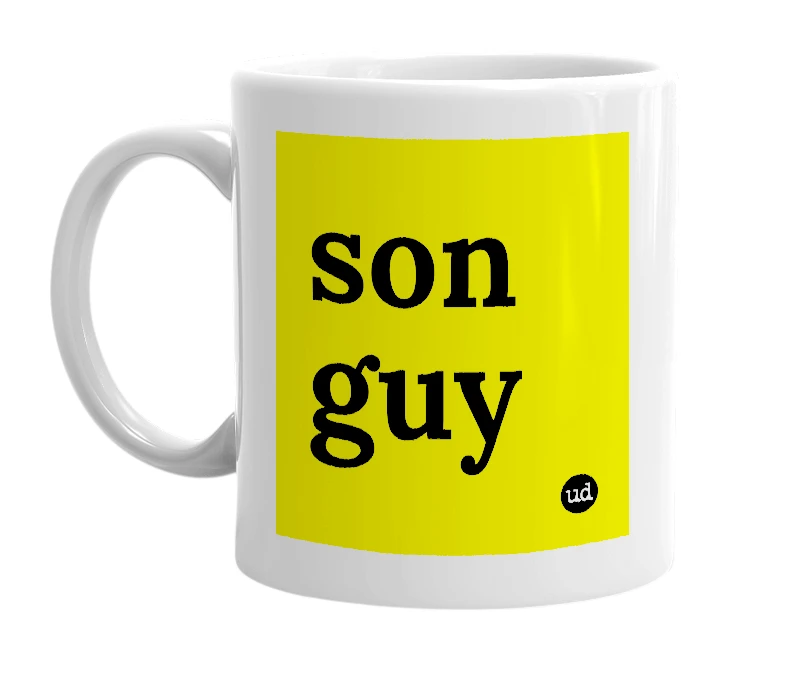 White mug with 'son guy' in bold black letters