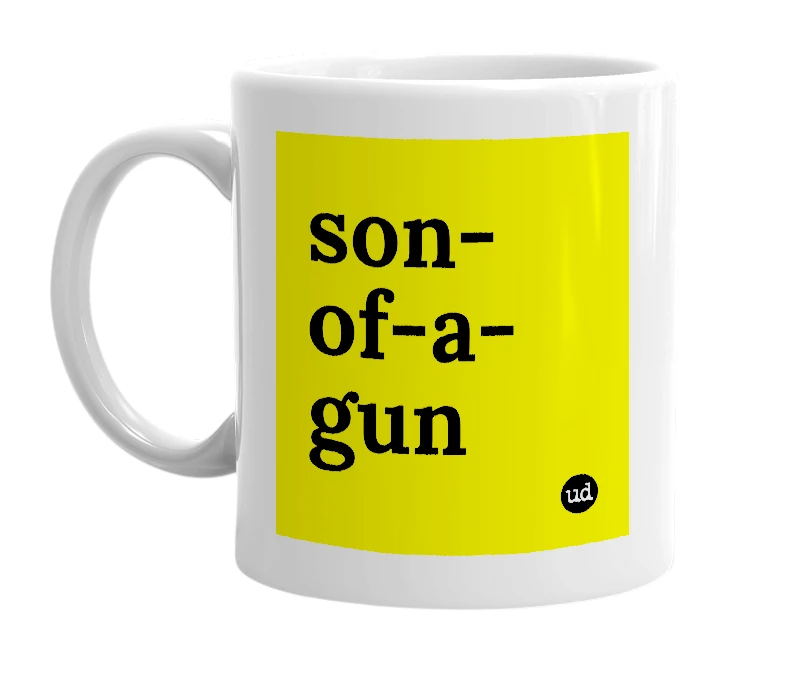 White mug with 'son-of-a-gun' in bold black letters