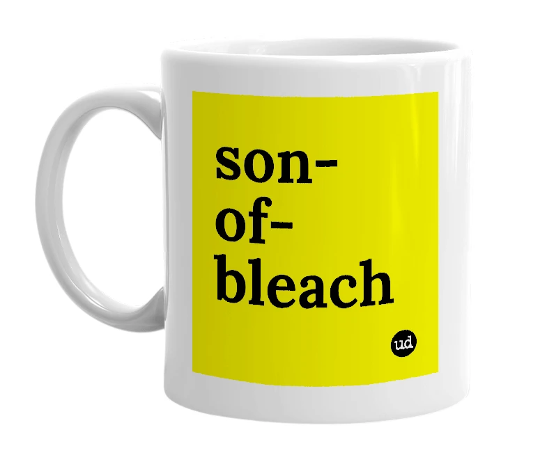 White mug with 'son-of-bleach' in bold black letters