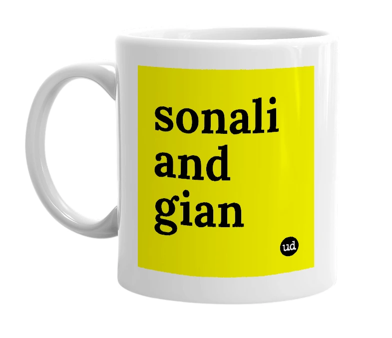 White mug with 'sonali and gian' in bold black letters