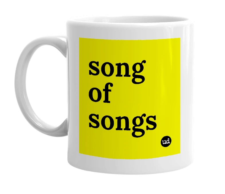 White mug with 'song of songs' in bold black letters