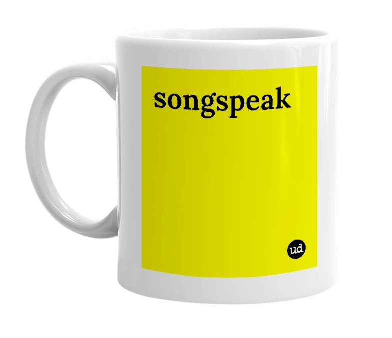 White mug with 'songspeak' in bold black letters
