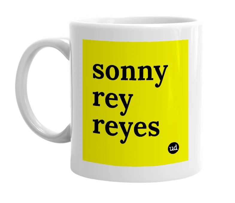 White mug with 'sonny rey reyes' in bold black letters