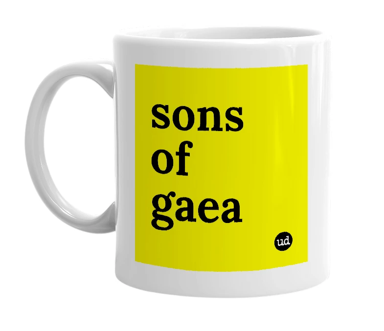 White mug with 'sons of gaea' in bold black letters