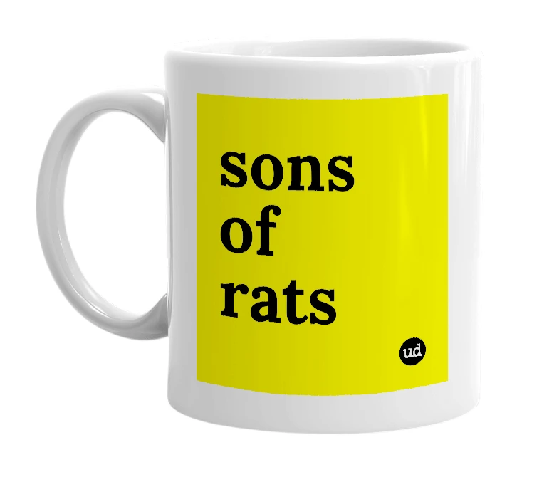 White mug with 'sons of rats' in bold black letters