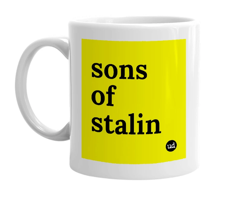 White mug with 'sons of stalin' in bold black letters
