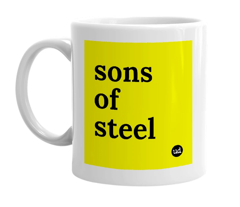 White mug with 'sons of steel' in bold black letters