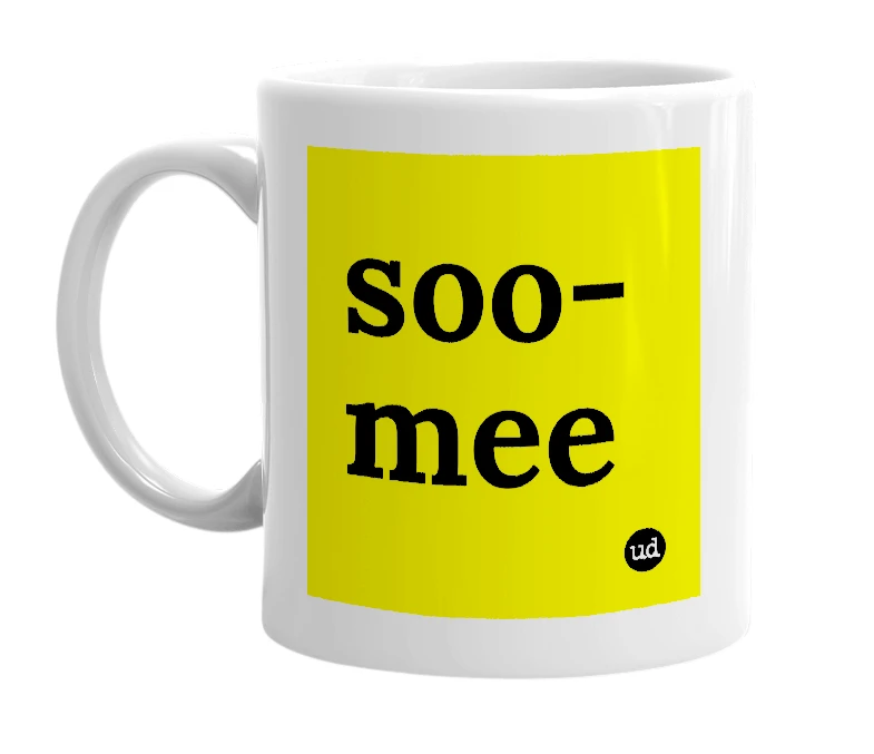 White mug with 'soo-mee' in bold black letters