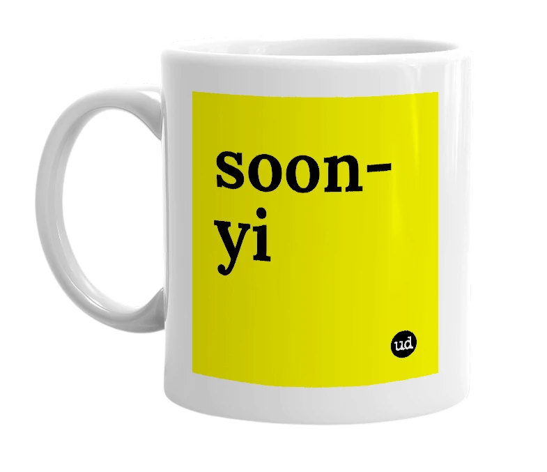 White mug with 'soon-yi' in bold black letters