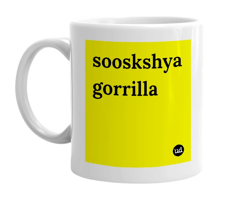 White mug with 'sooskshya gorrilla' in bold black letters