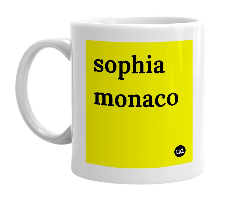 White mug with 'sophia monaco' in bold black letters