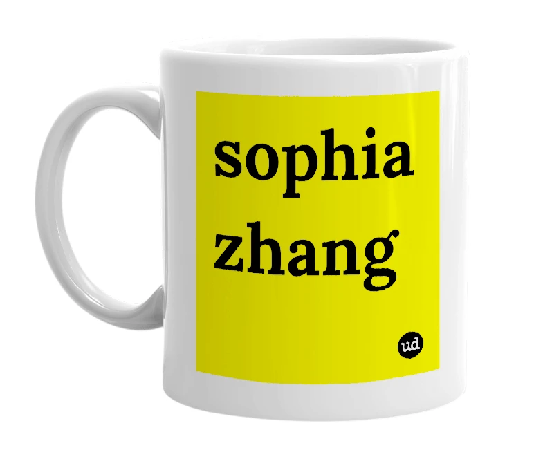 White mug with 'sophia zhang' in bold black letters