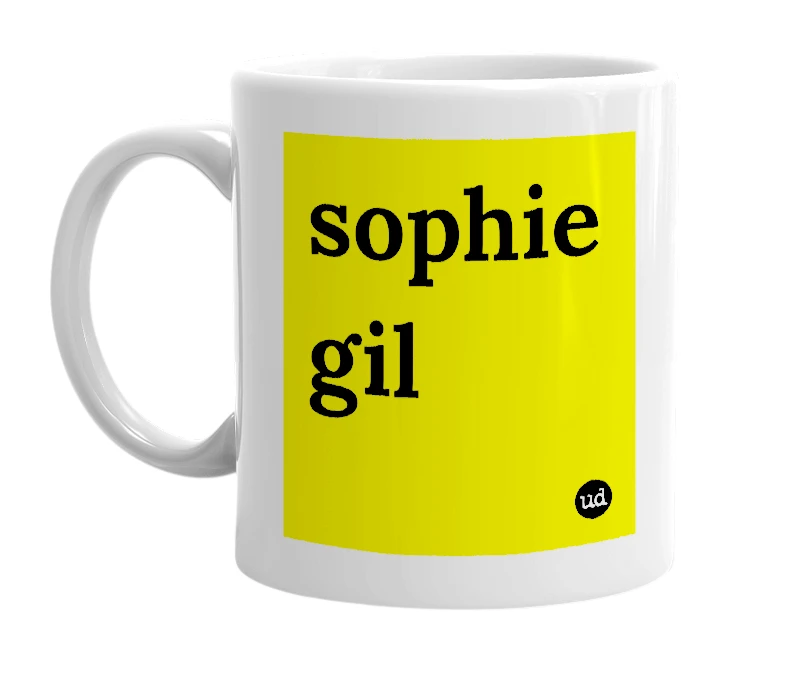 White mug with 'sophie gil' in bold black letters