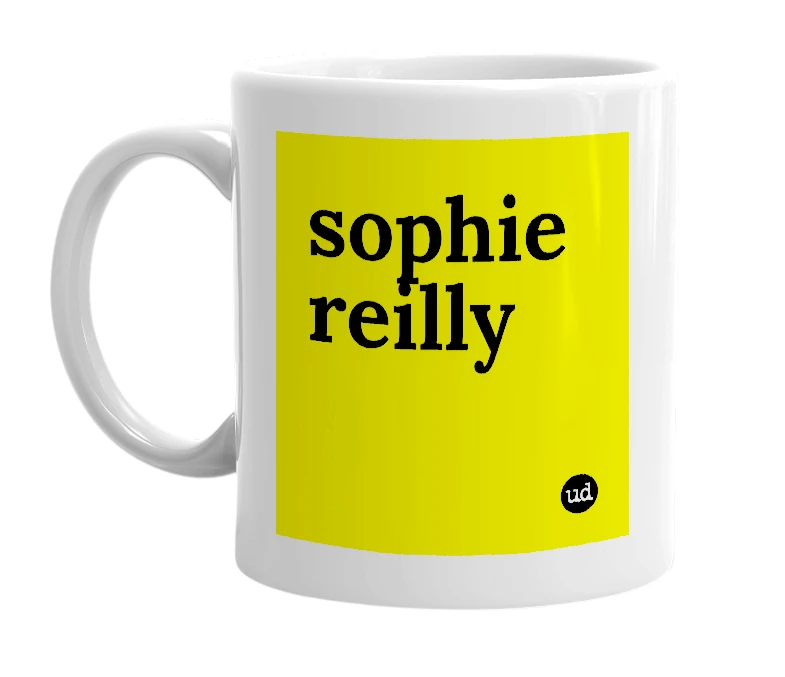 White mug with 'sophie reilly' in bold black letters
