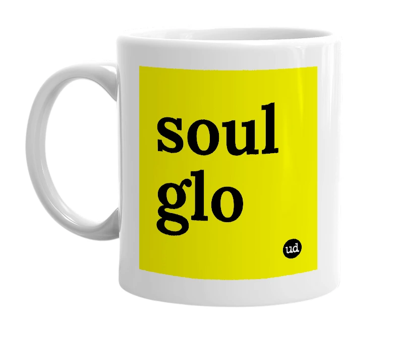 White mug with 'soul glo' in bold black letters