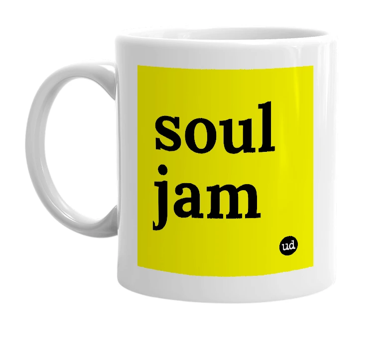 White mug with 'soul jam' in bold black letters