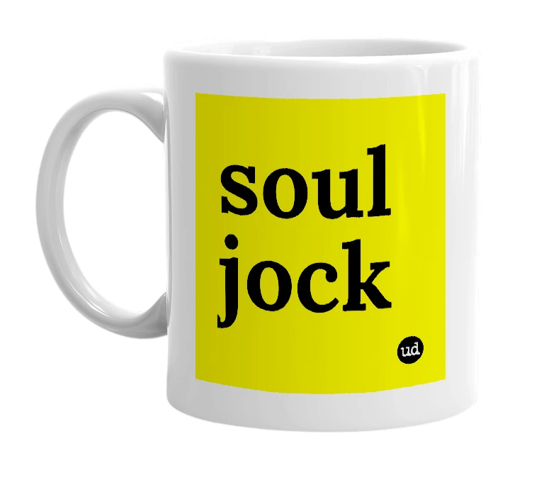 White mug with 'soul jock' in bold black letters