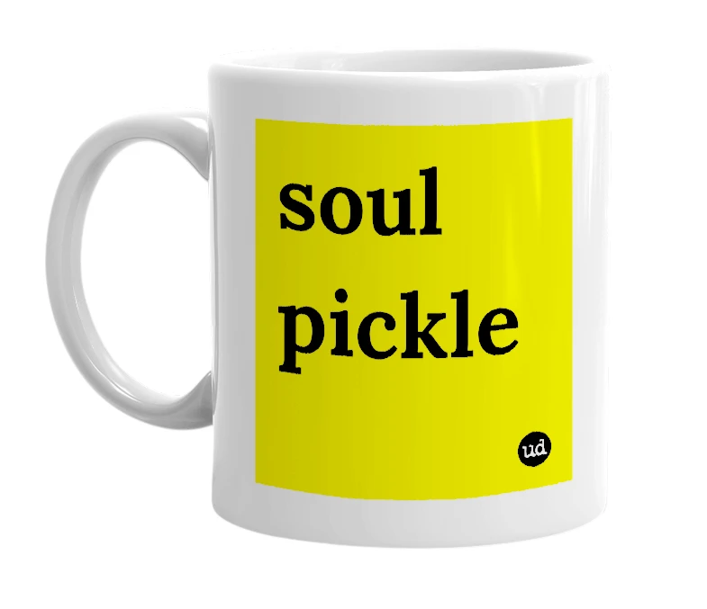 White mug with 'soul pickle' in bold black letters