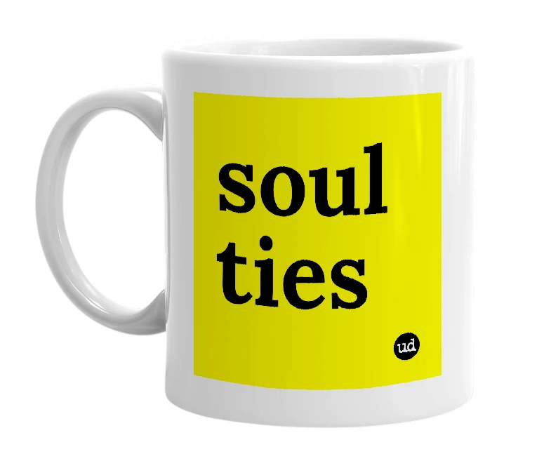 White mug with 'soul ties' in bold black letters