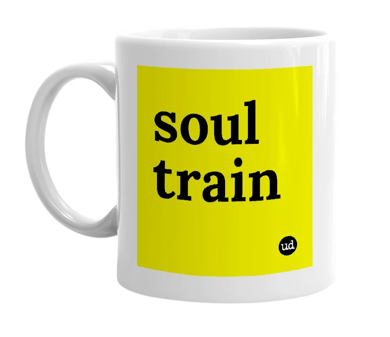 White mug with 'soul train' in bold black letters