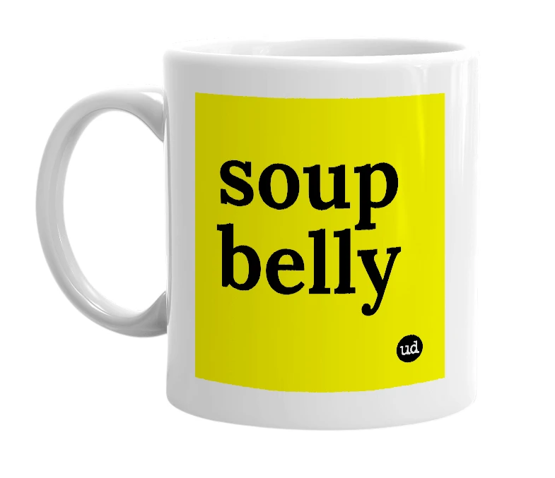 White mug with 'soup belly' in bold black letters