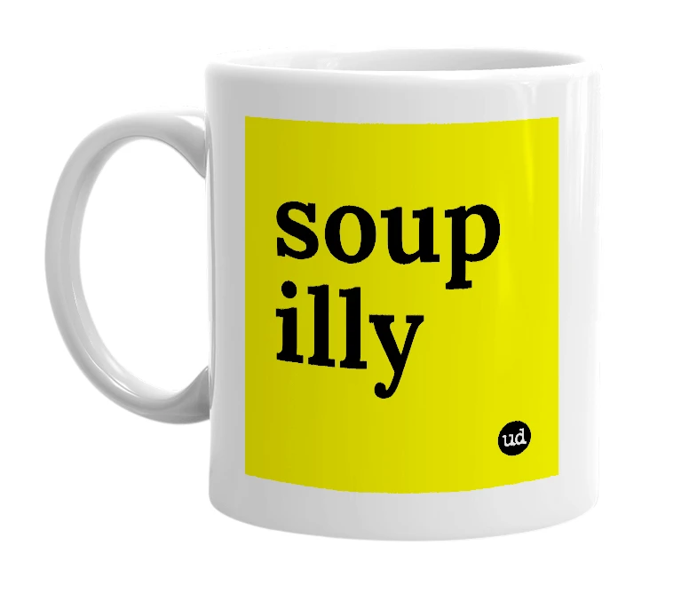 White mug with 'soup illy' in bold black letters