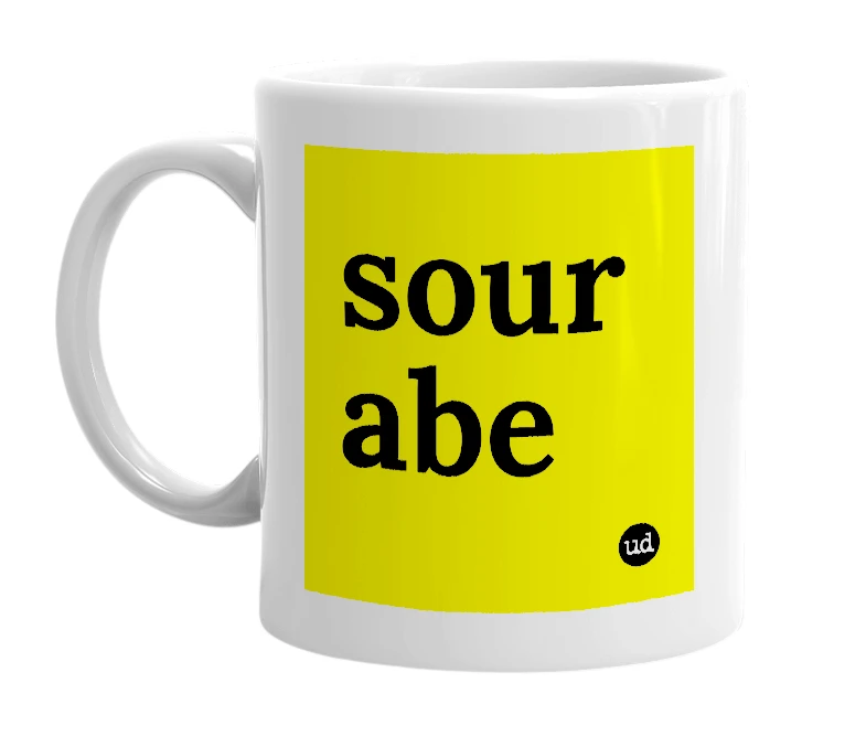 White mug with 'sour abe' in bold black letters