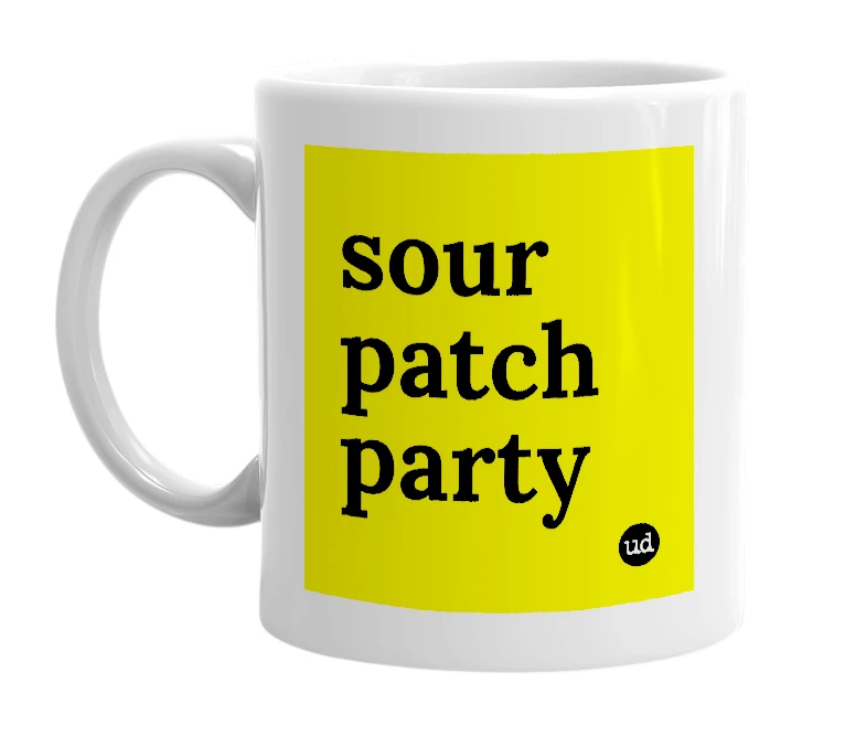 White mug with 'sour patch party' in bold black letters