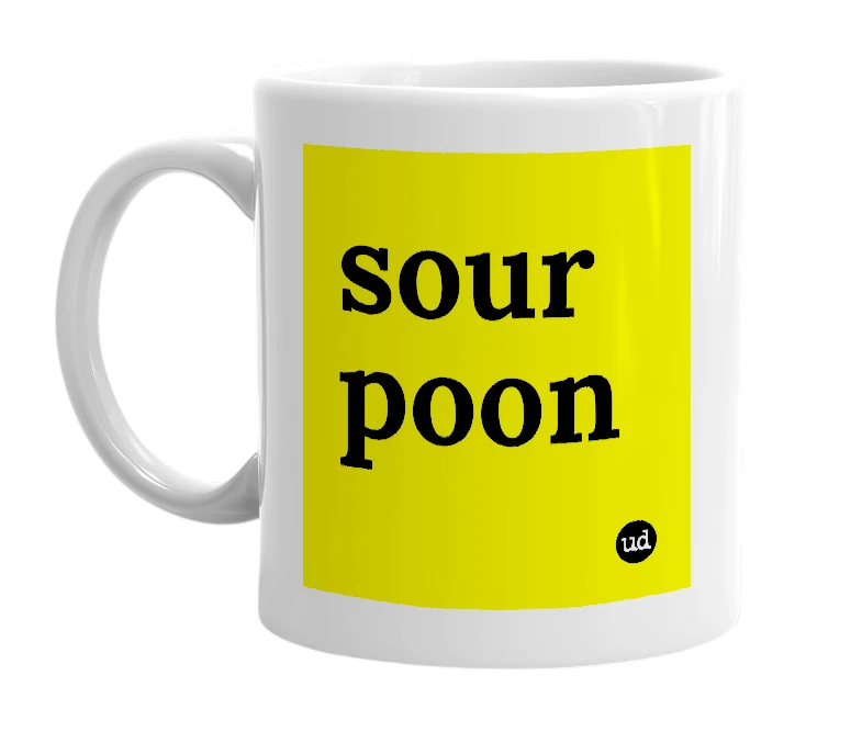 White mug with 'sour poon' in bold black letters