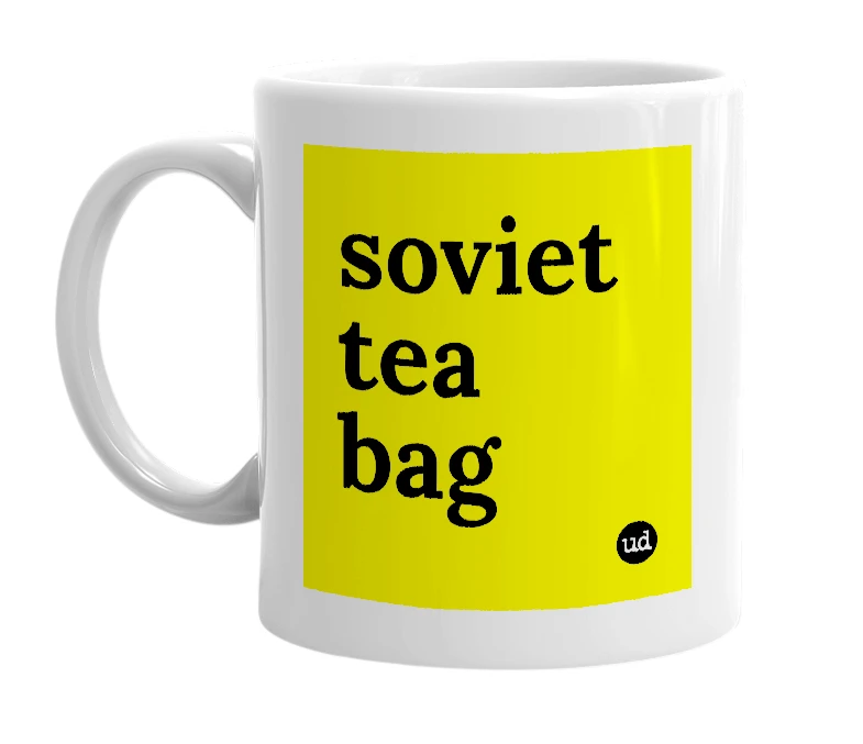 White mug with 'soviet tea bag' in bold black letters