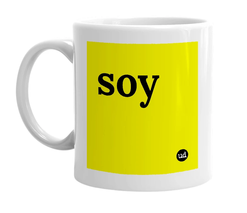 White mug with 'soy' in bold black letters