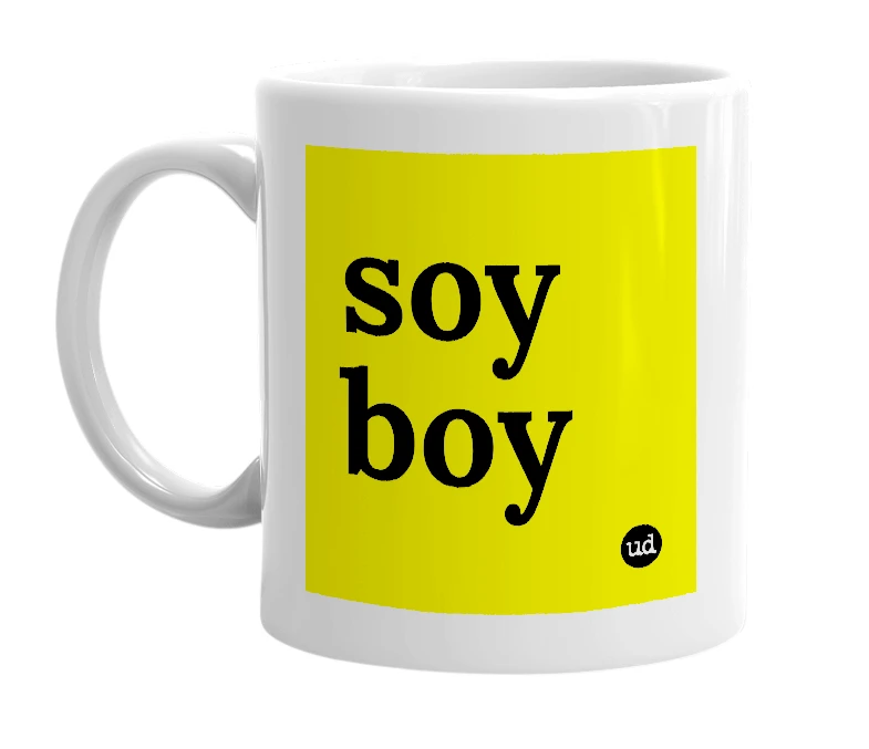 White mug with 'soy boy' in bold black letters