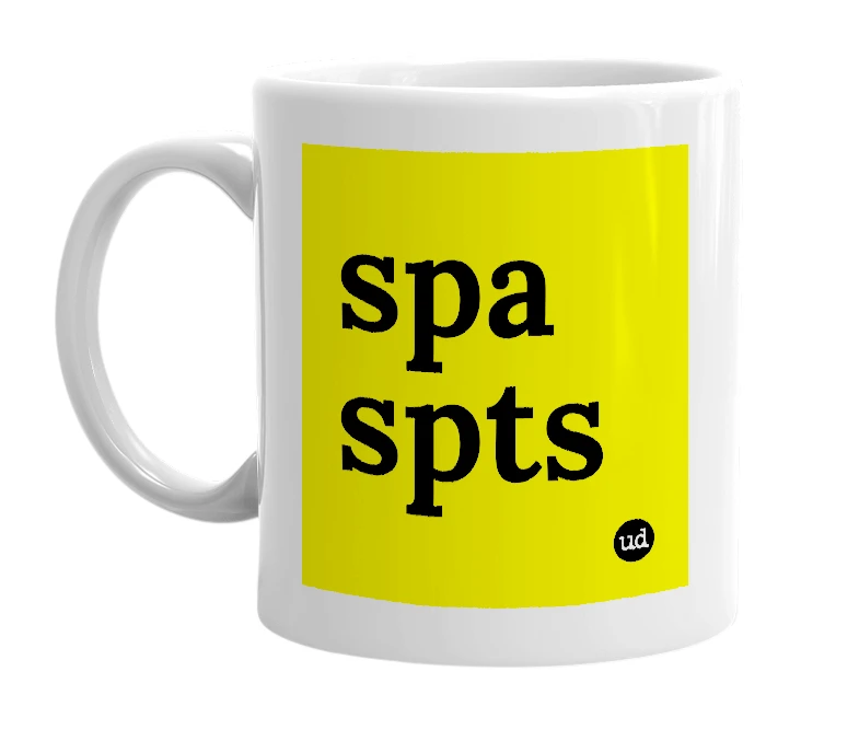 White mug with 'spa spts' in bold black letters