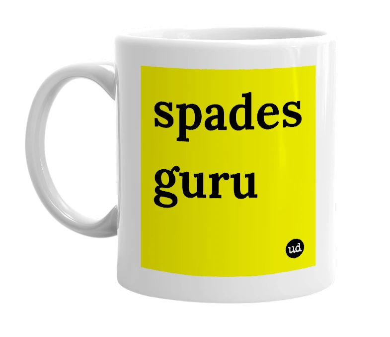 White mug with 'spades guru' in bold black letters