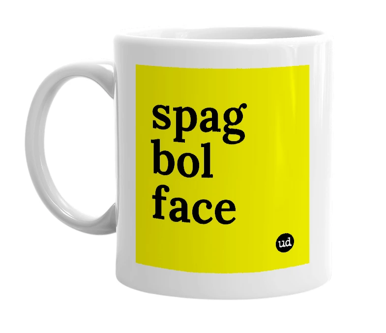 White mug with 'spag bol face' in bold black letters