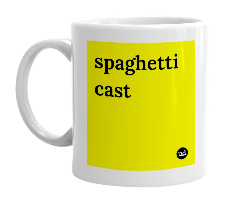 White mug with 'spaghetti cast' in bold black letters