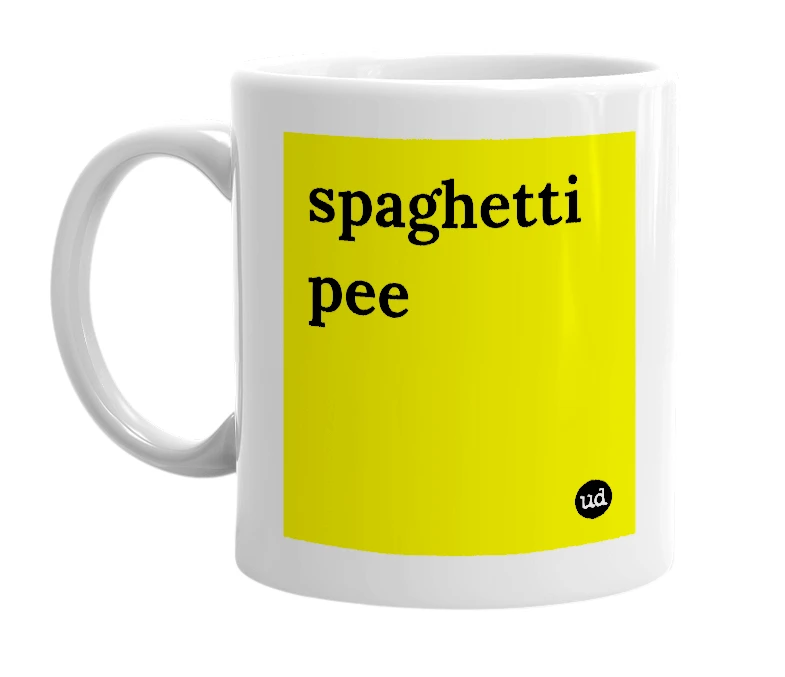 White mug with 'spaghetti pee' in bold black letters