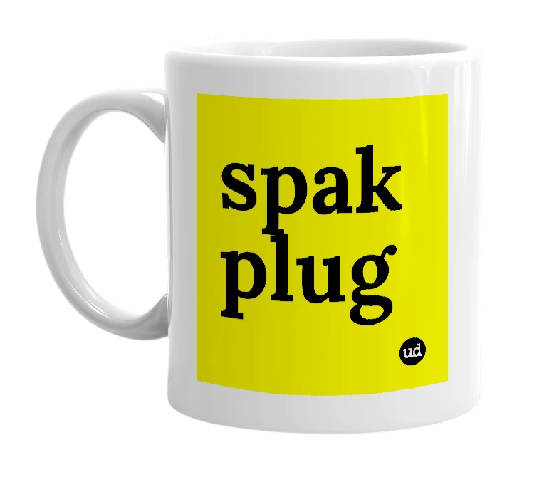 White mug with 'spak plug' in bold black letters