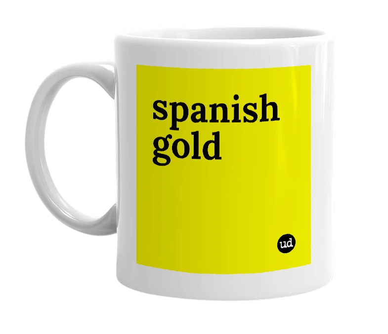 White mug with 'spanish gold' in bold black letters