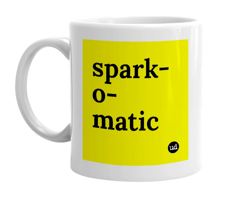 White mug with 'spark-o-matic' in bold black letters