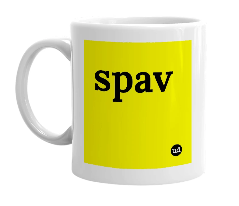 White mug with 'spav' in bold black letters