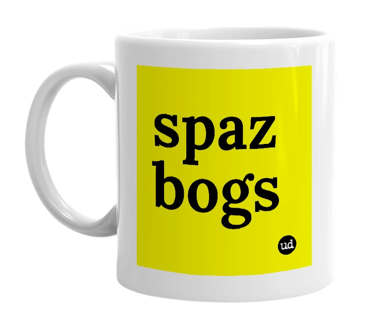 White mug with 'spaz bogs' in bold black letters