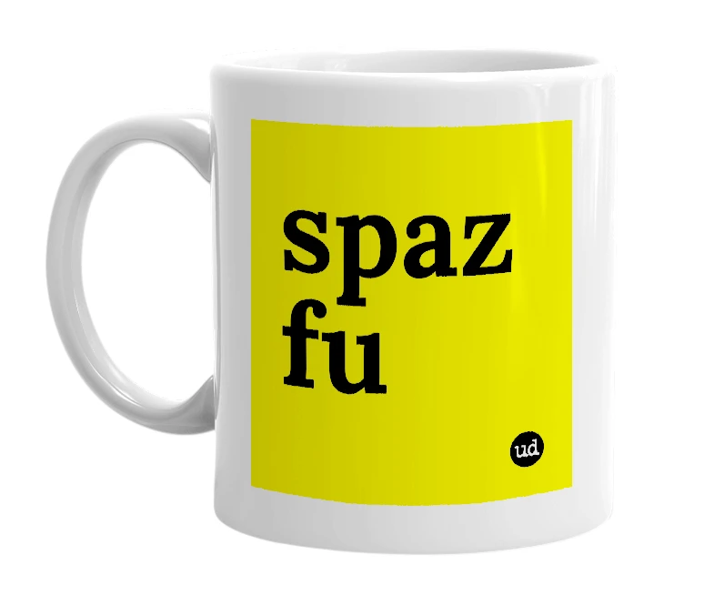 White mug with 'spaz fu' in bold black letters