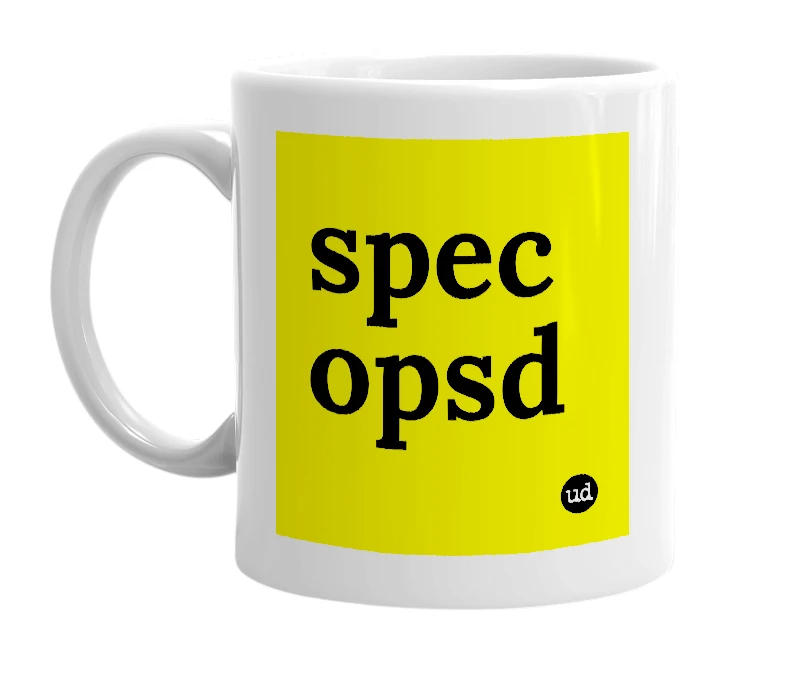 White mug with 'spec opsd' in bold black letters