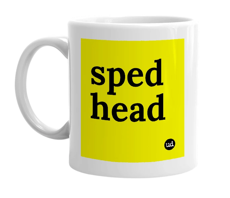 White mug with 'sped head' in bold black letters