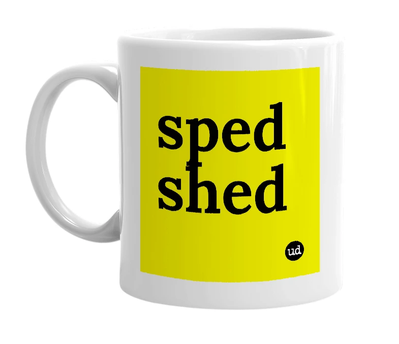 White mug with 'sped shed' in bold black letters