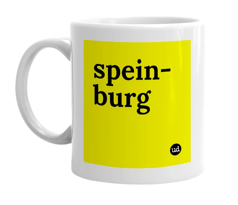 White mug with 'spein-burg' in bold black letters