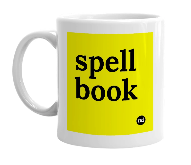 White mug with 'spell book' in bold black letters