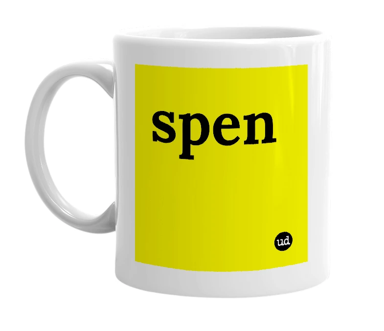 White mug with 'spen' in bold black letters